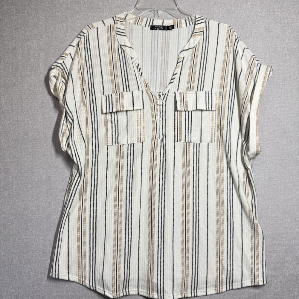 CURE. Blouse Womens 3XL White Stripe V Neck Zip Short Sleeve Tunic Top
